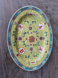 vintage chinese platter, famille jaune platter, chinoiserie decor, yellow porcelain platter, vintage chinoiserie, decorative porcelain plate, chinese export style decor, gallery wall decor, vintage home accents, colorful chinoiserie, collected interiors, shelf styling decor, decorative platter, traditional chinese porcelain, one of a kind vintage decor