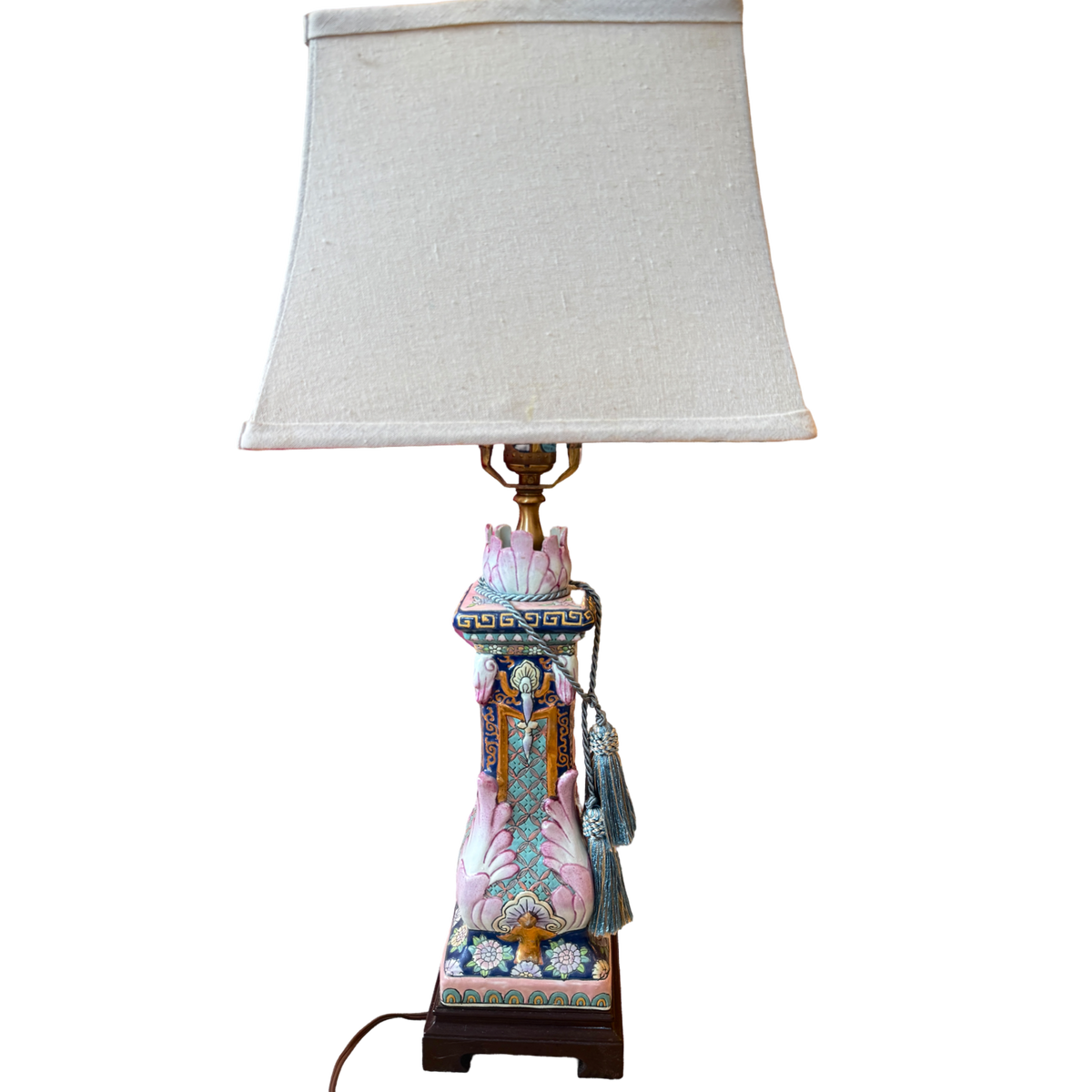 Hand-painted vintage chinoiserie table lamp with turquoise, cobalt blue, blush pink, ivory, and gold detailing, original blue tassels, dark wood base, linen shade, and 28-inch overall height. One-of-a-kind decorative accent lamp from Oh, Meredith.
