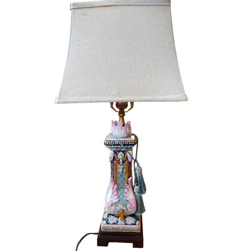 Hand-painted vintage chinoiserie table lamp with turquoise, cobalt blue, blush pink, ivory, and gold detailing, original blue tassels, dark wood base, linen shade, and 28-inch overall height. One-of-a-kind decorative accent lamp from Oh, Meredith.