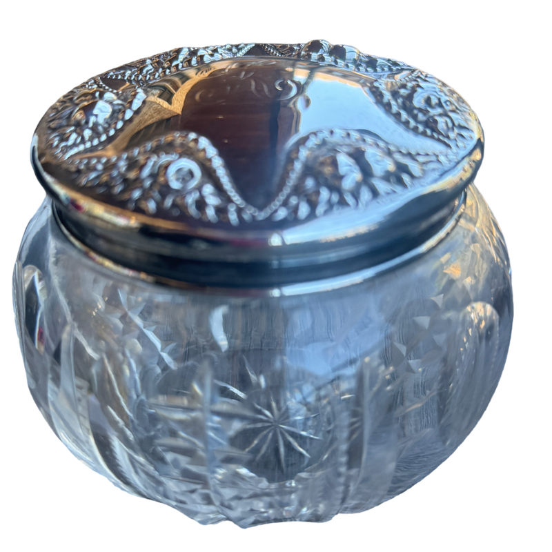 vintage crystal vanity jar, sterling silver lid jar, cut crystal dresser jar, vintage vanity container, crystal trinket jar, antique style vanity jar, sterling silver vanity jar, vintage powder jar, monogrammed silver lid k, crystal dresser box, vintage vanity decor, silver and crystal jar, classic vanity storage, elegant vintage decor, small crystal jar