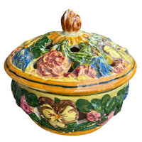 vintage italian pottery, majolica bowl, italian majolica dish, vintage floral pottery, pierced lid bowl, vintage italian decor, capodimonte style pottery, colorful ceramic bowl, italian ceramic container, vintage majolica decor