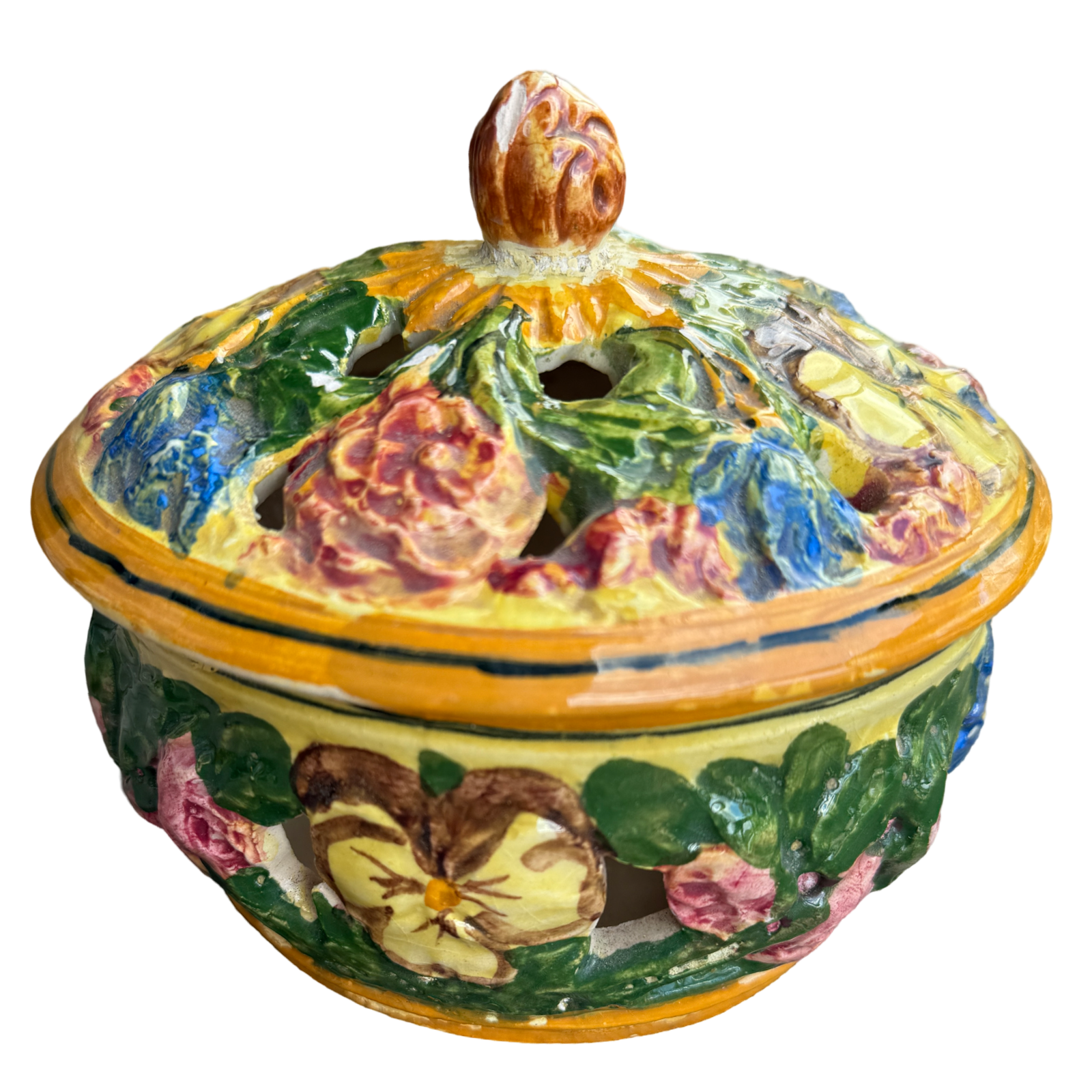 vintage italian pottery, majolica bowl, italian majolica dish, vintage floral pottery, pierced lid bowl, vintage italian decor, capodimonte style pottery, colorful ceramic bowl, italian ceramic container, vintage majolica decor