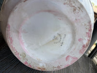 Dirty white plate with pink floral patterns on a blurred background