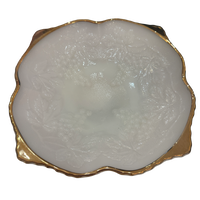 vintage milk glass bowl, milk glass centerpiece, grape pattern bowl, vintage serving bowl, gold rim milk glass, cottage decor, grandmillennial decor, vintage home decor, white glass bowl, decorative bowl, coffee table decor, bookshelf styling, vintage collectible glass, farmhouse cottage decor, vintage entertaining