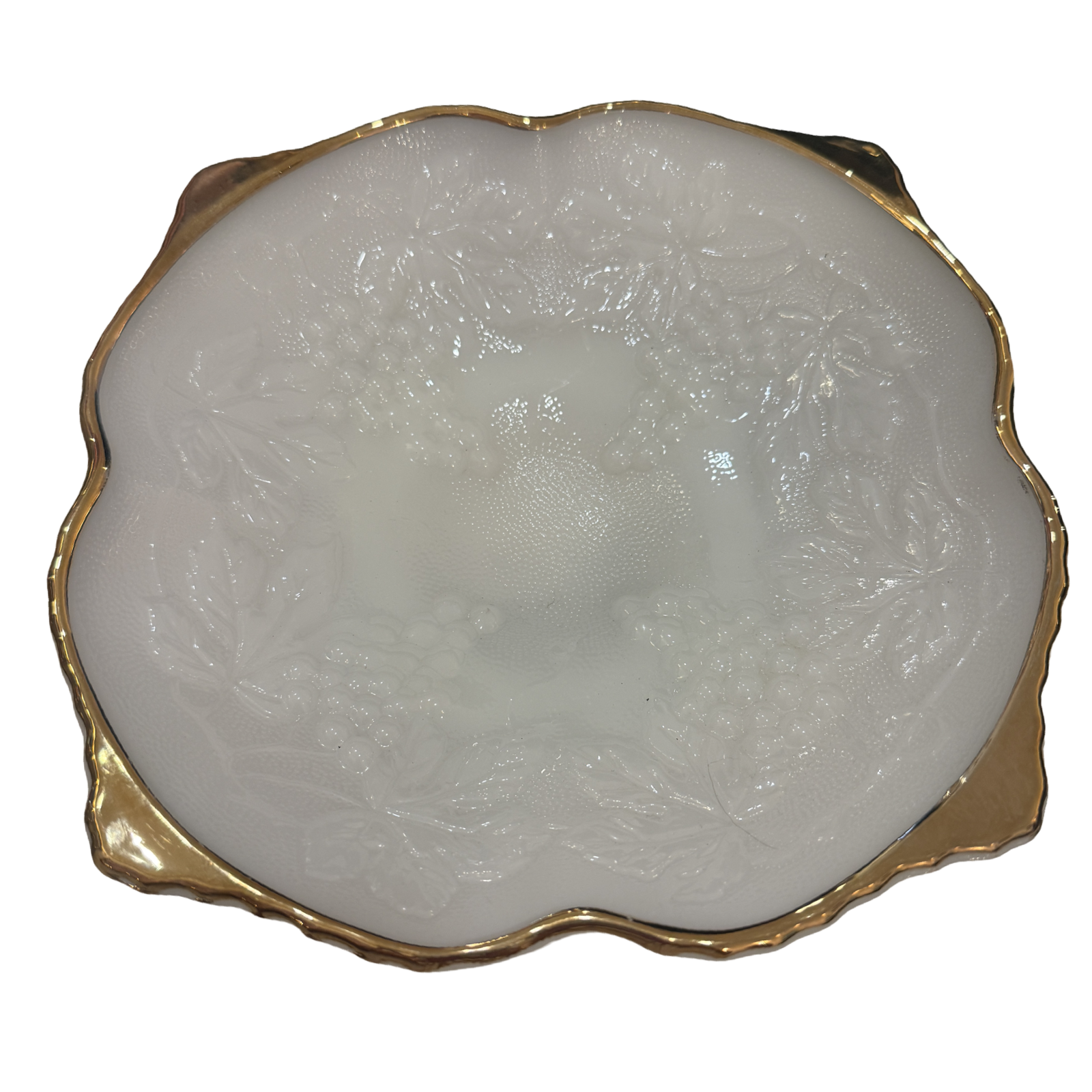 vintage milk glass bowl, milk glass centerpiece, grape pattern bowl, vintage serving bowl, gold rim milk glass, cottage decor, grandmillennial decor, vintage home decor, white glass bowl, decorative bowl, coffee table decor, bookshelf styling, vintage collectible glass, farmhouse cottage decor, vintage entertaining