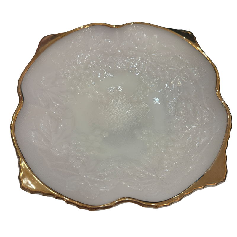 vintage milk glass bowl, milk glass centerpiece, grape pattern bowl, vintage serving bowl, gold rim milk glass, cottage decor, grandmillennial decor, vintage home decor, white glass bowl, decorative bowl, coffee table decor, bookshelf styling, vintage collectible glass, farmhouse cottage decor, vintage entertaining