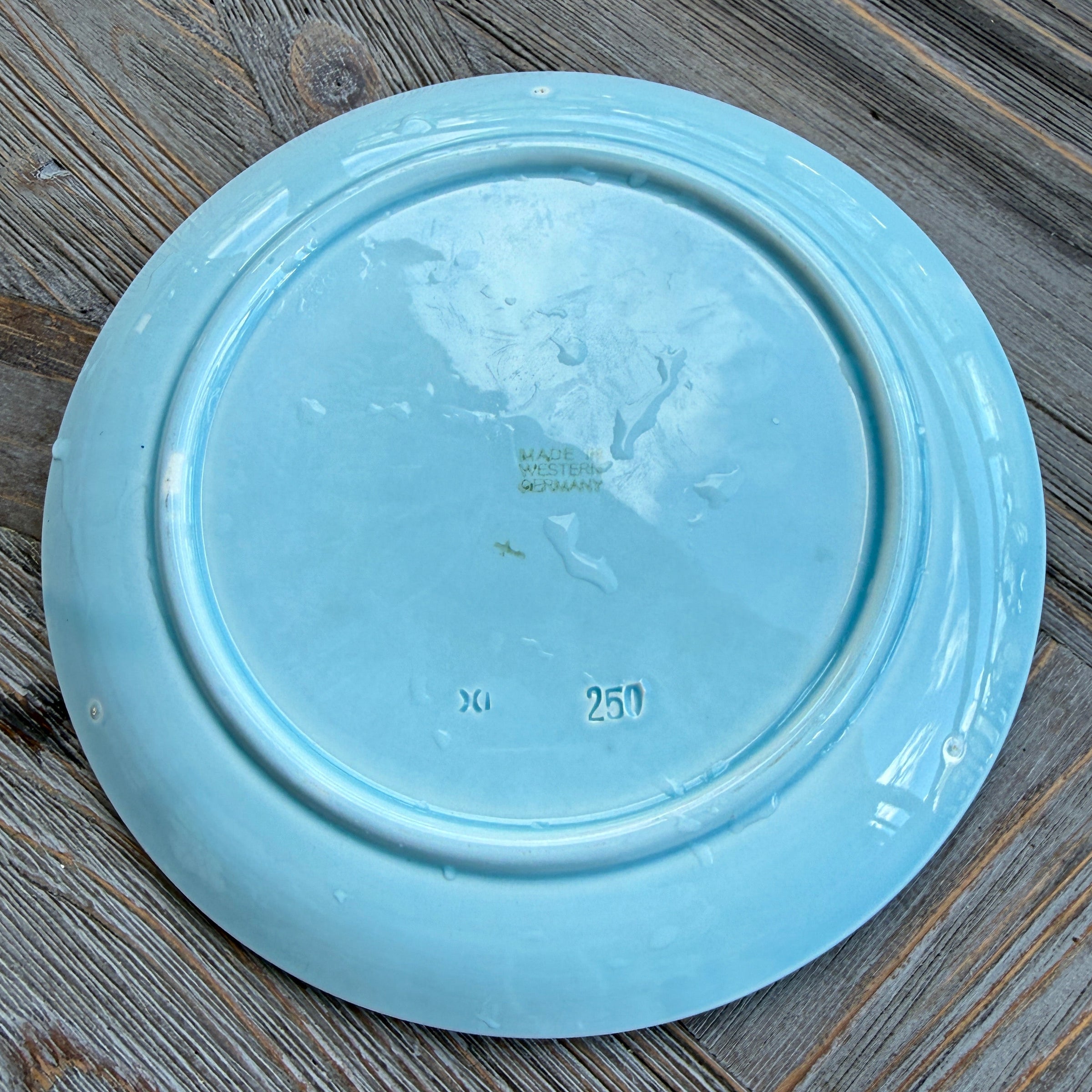 Light blue ceramic plate on a wooden surface