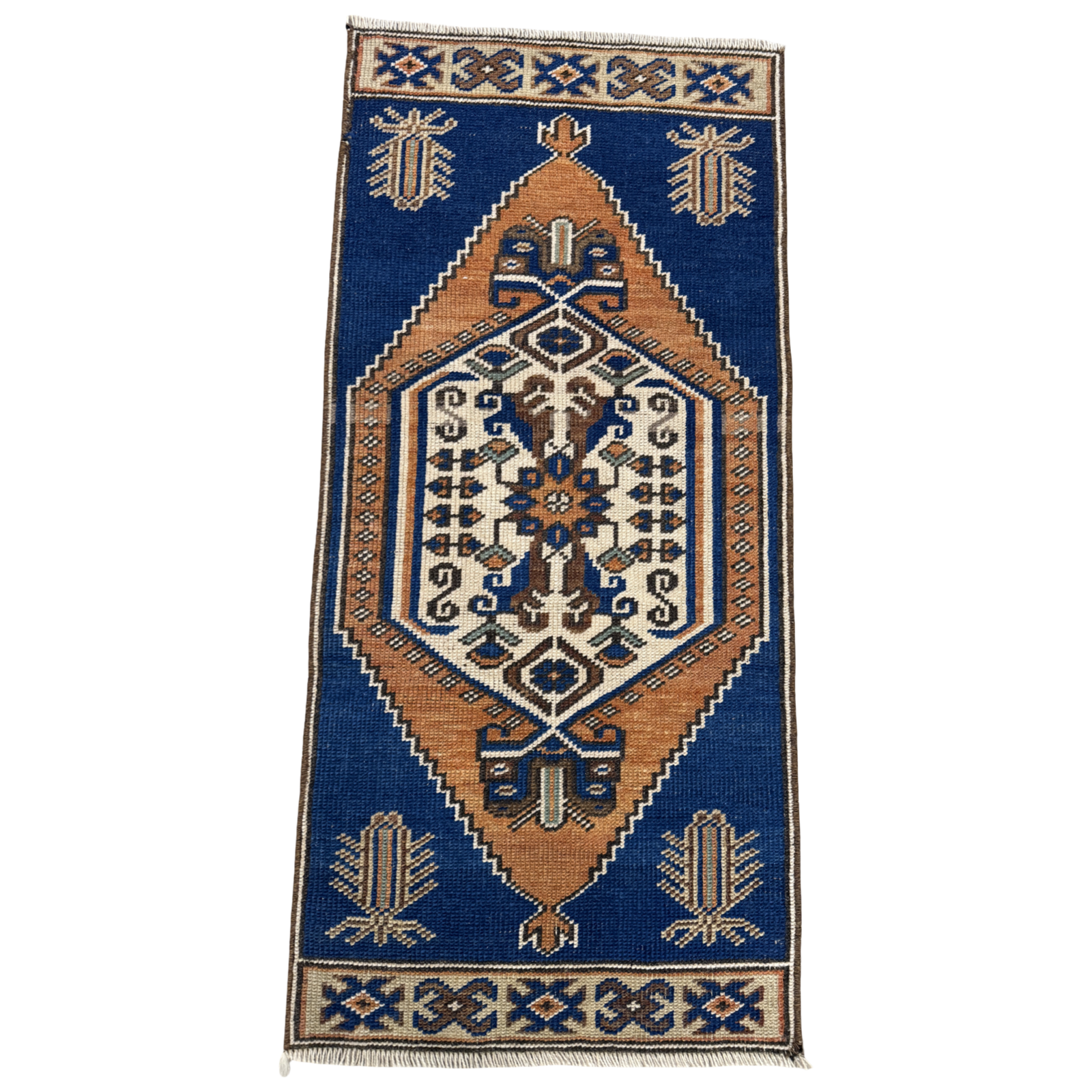vintage turkish rug, blue turkish rug, cobalt blue rug, mini turkish rug, tribal rug, hand knotted rug, vintage accent rug, small vintage rug, blue and ivory rug, geometric rug, powder room rug, bedside rug, entryway rug, one of a kind rug, handmade turkish rug, collected home decor, cottage style decor, colorful vintage rug, boho home decor, oh meredith vintage rugs