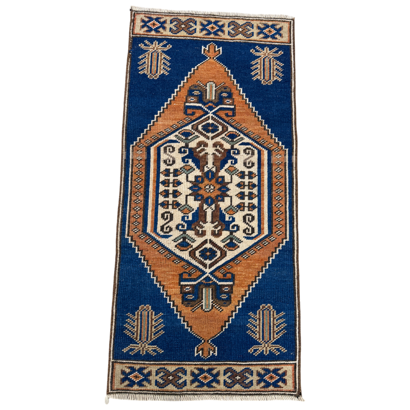 vintage turkish rug, blue turkish rug, cobalt blue rug, mini turkish rug, tribal rug, hand knotted rug, vintage accent rug, small vintage rug, blue and ivory rug, geometric rug, powder room rug, bedside rug, entryway rug, one of a kind rug, handmade turkish rug, collected home decor, cottage style decor, colorful vintage rug, boho home decor, oh meredith vintage rugs