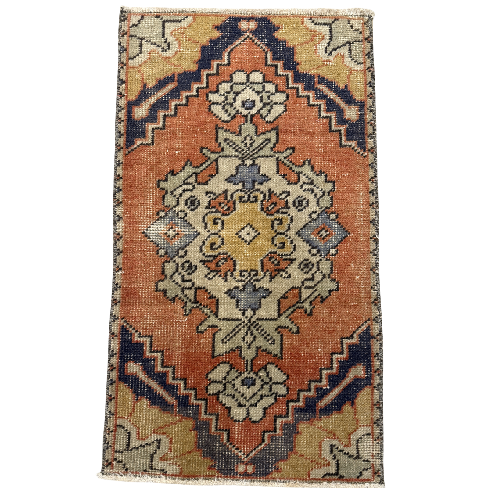 vintage turkish rug mini terracotta rug orange navy blue hand knotted bedside rug entry rug one of a kind ohmeredith ridgeland mississippi 
