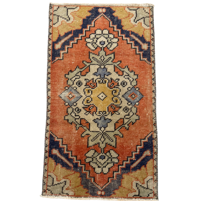 vintage turkish rug mini terracotta rug orange navy blue hand knotted bedside rug entry rug one of a kind ohmeredith ridgeland mississippi 