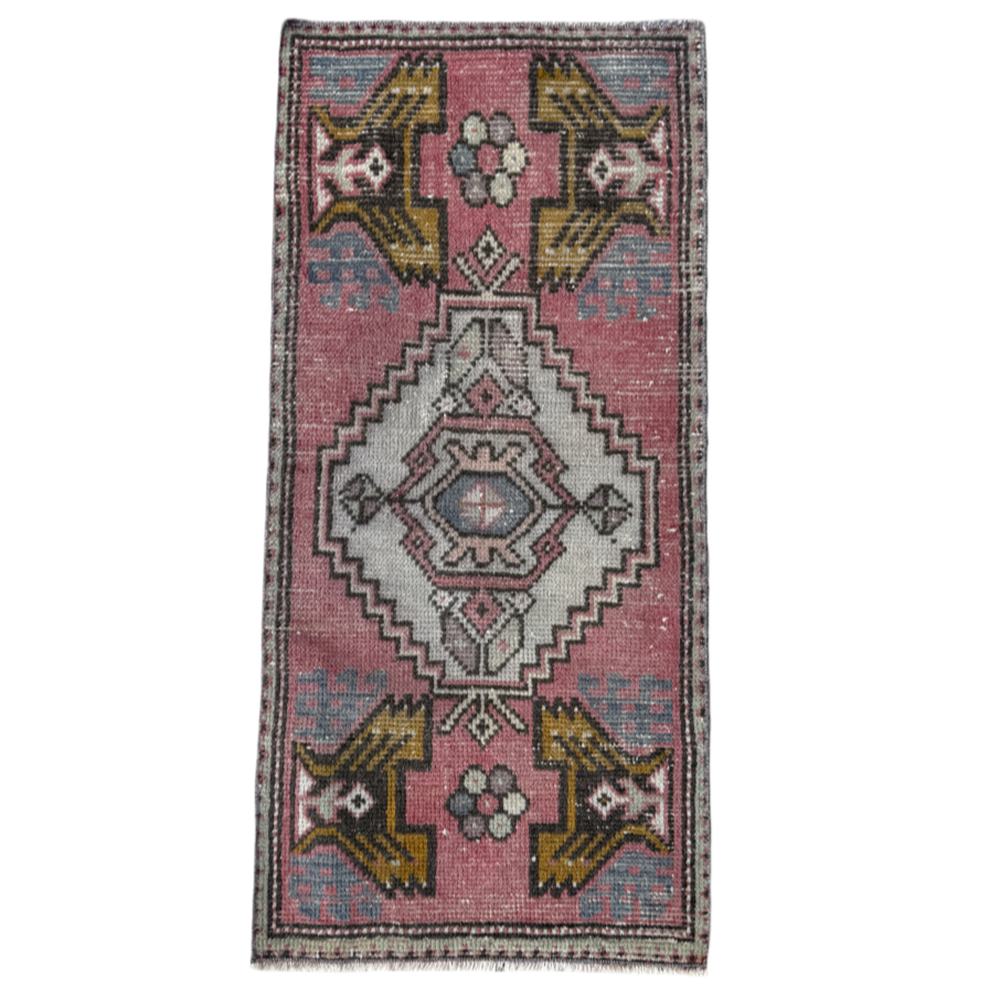 vintage turkish rug, mini turkish rug, pink mustard rug, blush rug, small turkish runner, bohemian style rug, cottagecore rug, turkish wool rug, hand-knotted vintage rug, unique accent rug