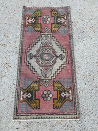 vintage turkish rug, mini turkish rug, pink mustard rug, blush rug, small turkish runner, bohemian style rug, cottagecore rug, turkish wool rug, hand-knotted vintage rug, unique accent rug