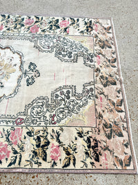 vintage turkish rug, russian floral rug, pink medallion rug, turkish area rug, floral border rug, antique turkish carpet, one-of-a-kind rug, soft pink rug, traditional rug, woven rug