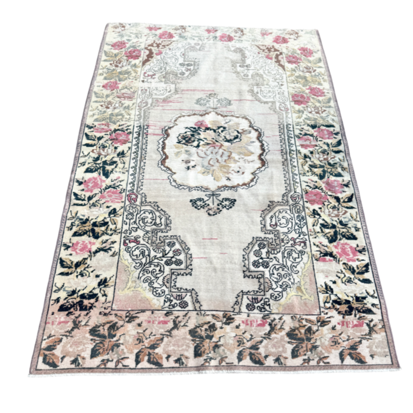 vintage turkish rug, russian floral rug, pink medallion rug, turkish area rug, floral border rug, antique turkish carpet, one-of-a-kind rug, soft pink rug, traditional rug, woven rug