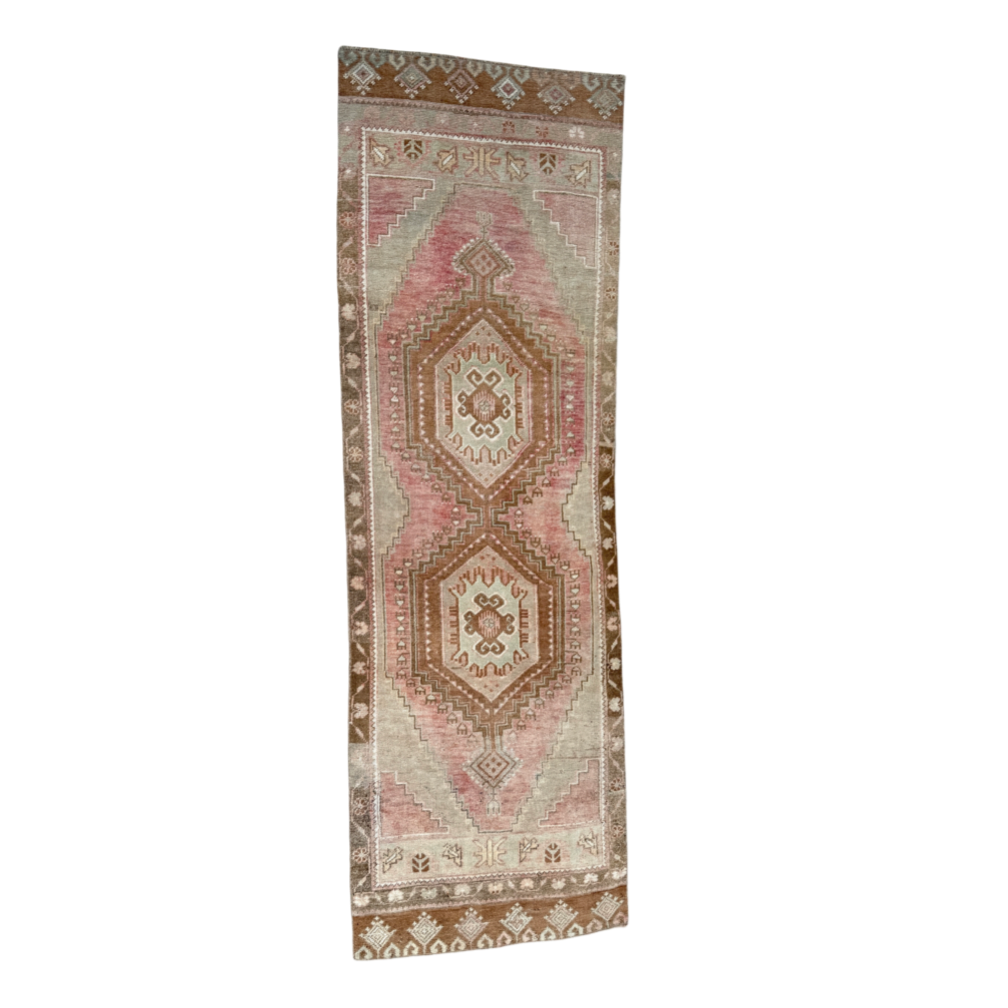 vintage turkish runner, geometric turkish rug, blush and mocha runner, pink and brown rug, long hallway rug, antique turkish runner, earthy color rug, handmade turkish rug, bold medallion rug, turkish vintage rug, bohemian hallway decor