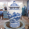 Large Warrior Lidded Ginger Jar Decorative Blue and White Porcelain Jar