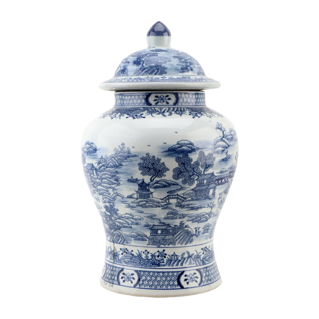 Large Warrior Lidded Ginger Jar Decorative Blue and White Porcelain Jar