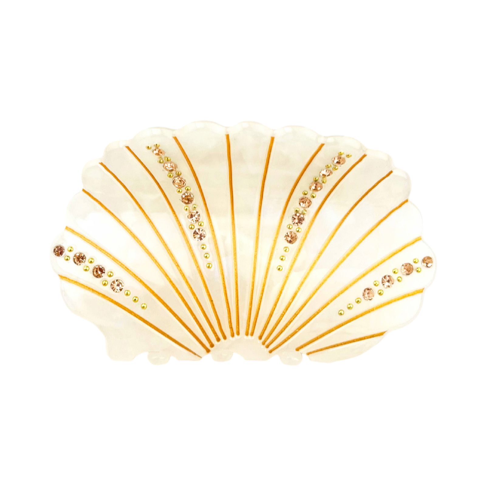 White acetate shell-shaped claw clip decorated with sparkling rhinestones.