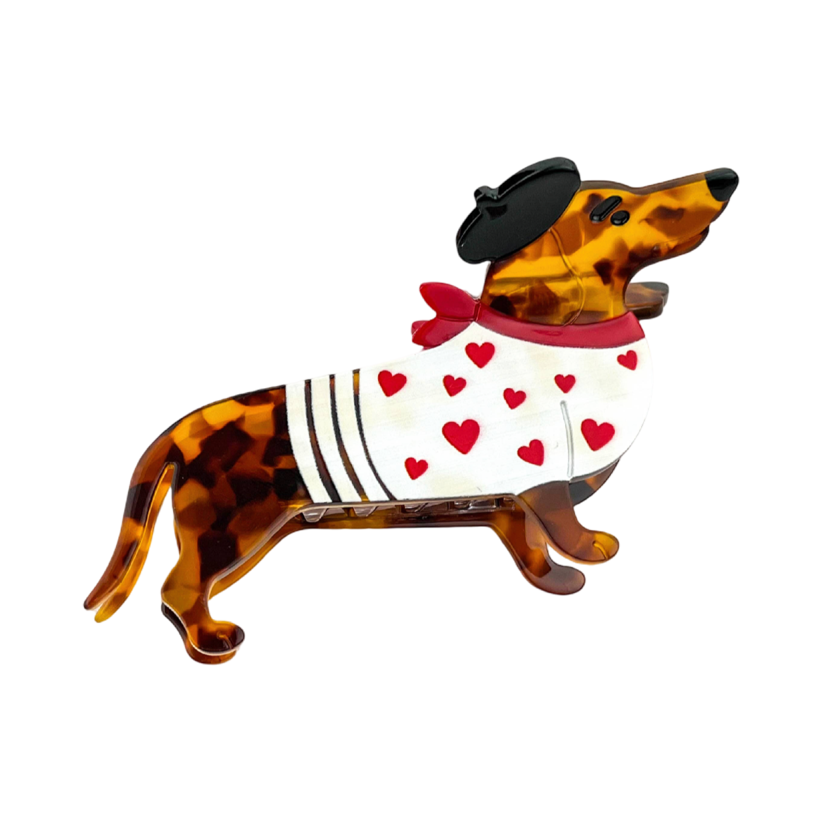 White acetate dachshund-shaped hair claw clip featuring a playful black beret detail.