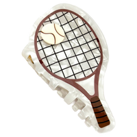 White acetate tennis racket-shaped claw clip designed as a sporty statement hair accessory.