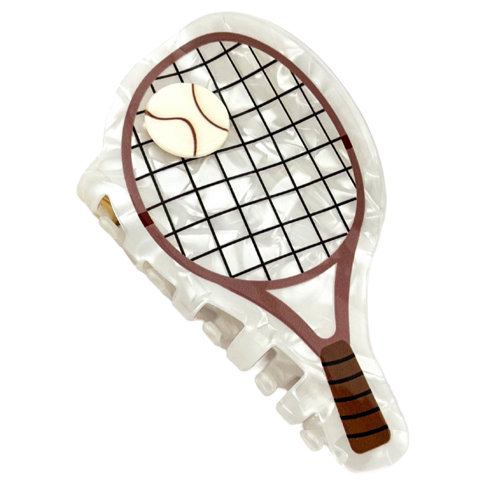 White acetate tennis racket-shaped claw clip designed as a sporty statement hair accessory.