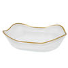 white alabaster serving dish, gold rim dinnerware, formal dining tableware, elegant serveware piece, alabaster and gold bowl, classic entertaining dish, white stone decorative bowl, luxury dining dish, rectangular alabaster bowl, sophisticated tabletop decor