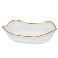 white alabaster serving dish, gold rim dinnerware, formal dining tableware, elegant serveware piece, alabaster and gold bowl, classic entertaining dish, white stone decorative bowl, luxury dining dish, rectangular alabaster bowl, sophisticated tabletop decor