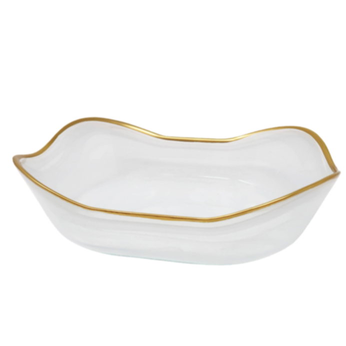 white alabaster serving dish, gold rim dinnerware, formal dining tableware, elegant serveware piece, alabaster and gold bowl, classic entertaining dish, white stone decorative bowl, luxury dining dish, rectangular alabaster bowl, sophisticated tabletop decor
