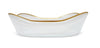 white alabaster serving dish, gold rim dinnerware, formal dining tableware, elegant serveware piece, alabaster and gold bowl, classic entertaining dish, white stone decorative bowl, luxury dining dish, rectangular alabaster bowl, sophisticated tabletop decor