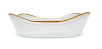 white alabaster serving dish, gold rim dinnerware, formal dining tableware, elegant serveware piece, alabaster and gold bowl, classic entertaining dish, white stone decorative bowl, luxury dining dish, rectangular alabaster bowl, sophisticated tabletop decor