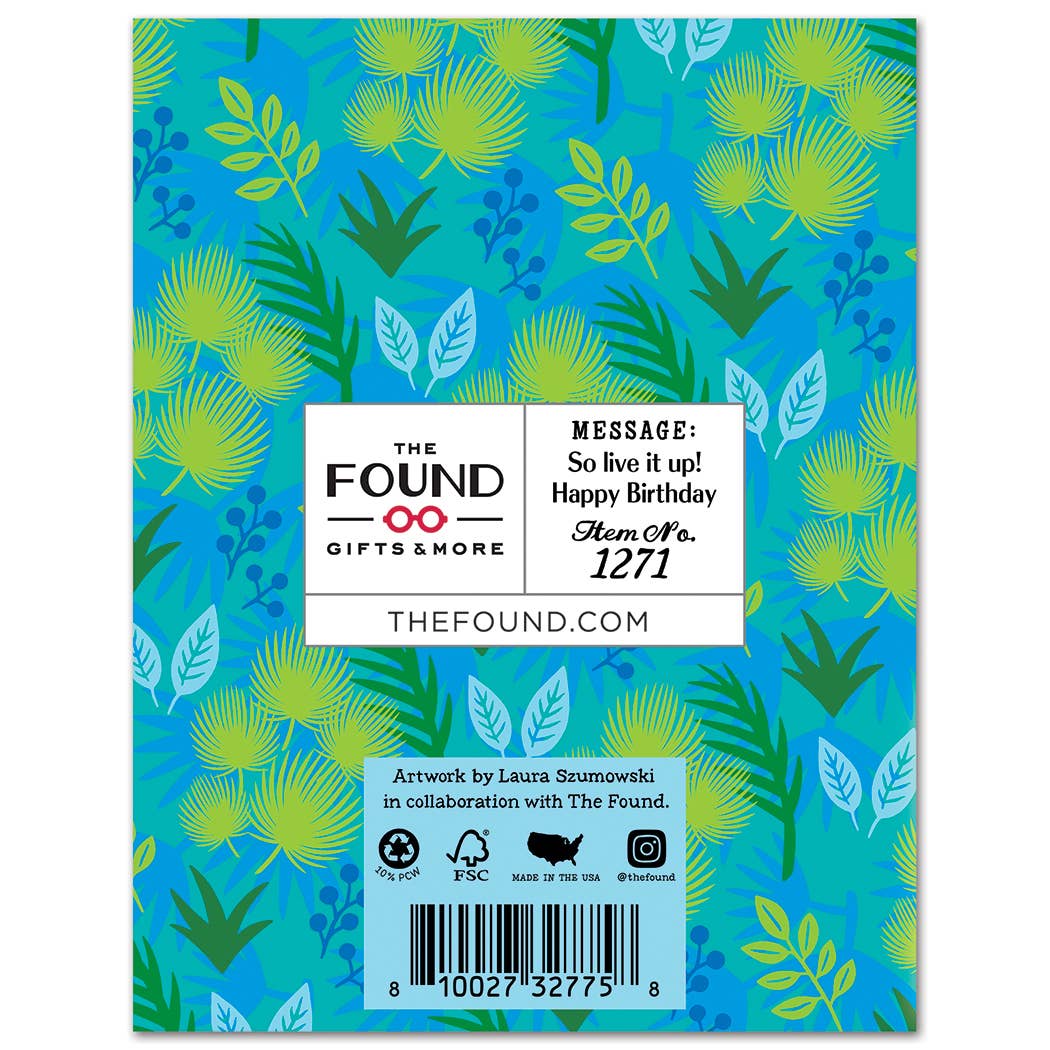 Product packaging with leaf pattern and branding information on a blue background