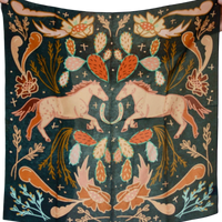 Decorative fabric with horse and floral pattern on a dark green background