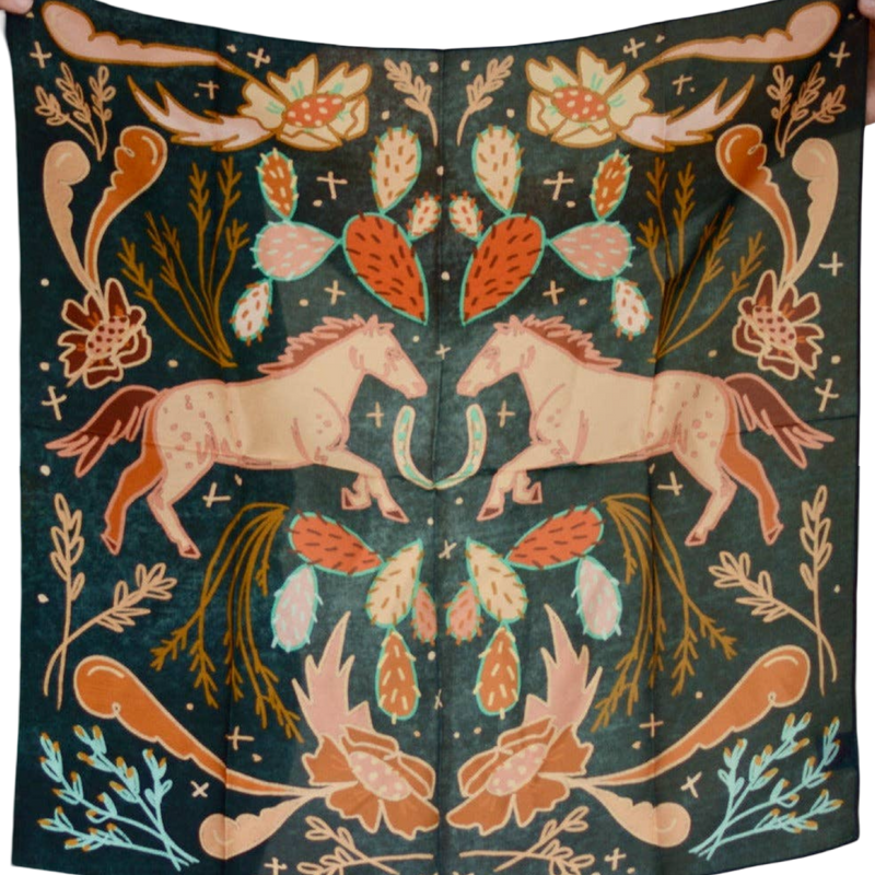 Decorative fabric with horse and floral pattern on a dark green background