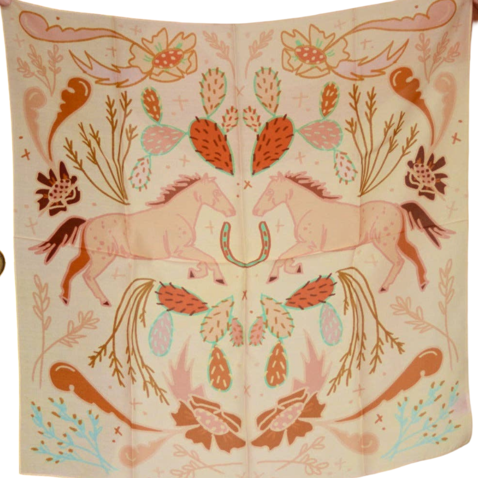Decorative fabric with horse and floral pattern on a light pink background