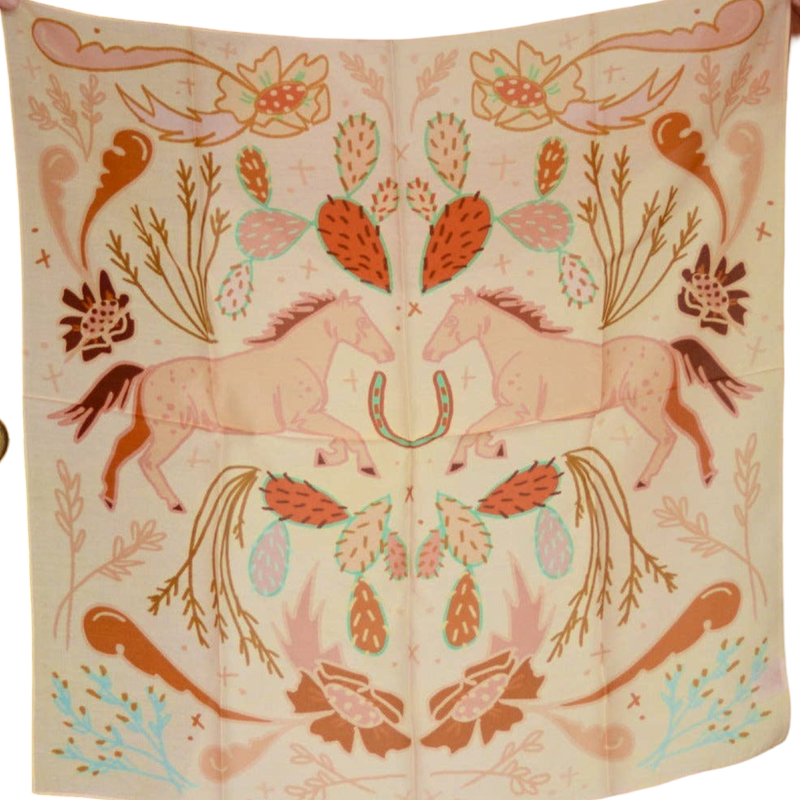 Decorative fabric with horse and floral pattern on a light pink background