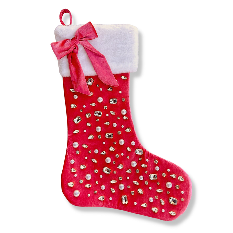 Brianna Cannon Bejeweled Red Holiday Christmas Stocking with white trim and a red bow