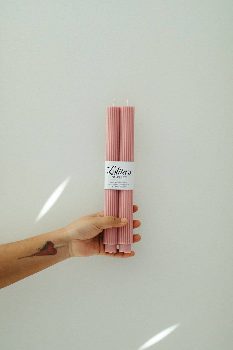 unscented mauve taper candles, soy beeswax blend candle set, mauve Rome pillar candles, hand poured clean burning candle, eco-friendly mauve candles, pastel purple candle pair, dripless natural wax candle, sculptural decorative taper candles, mauve home decor candles, sustainable romantic candles