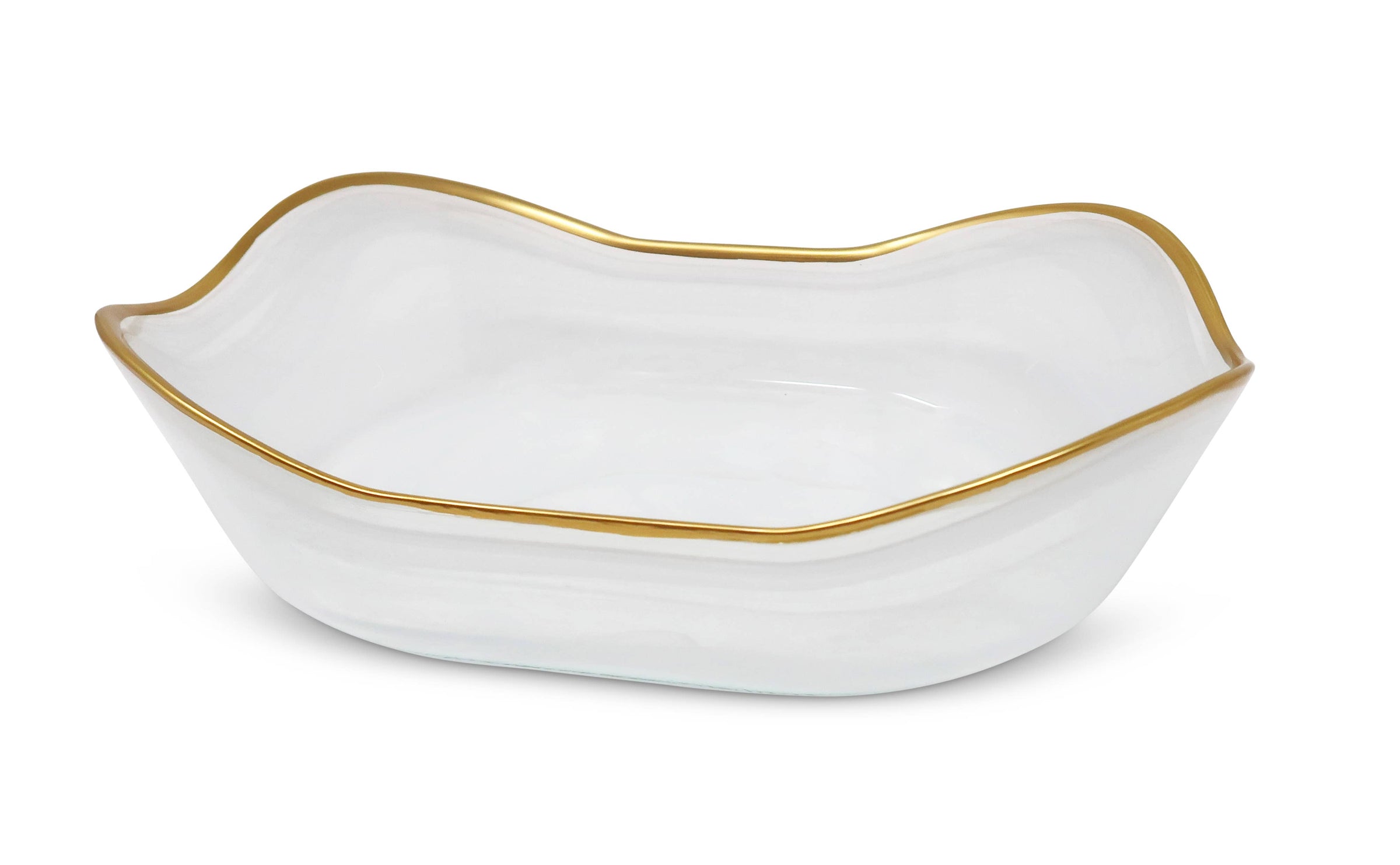 white alabaster serving dish, gold rim dinnerware, formal dining tableware, elegant serveware piece, alabaster and gold bowl, classic entertaining dish, white stone decorative bowl, luxury dining dish, rectangular alabaster bowl, sophisticated tabletop decor
