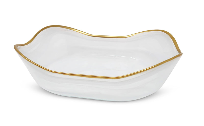white alabaster serving dish, gold rim dinnerware, formal dining tableware, elegant serveware piece, alabaster and gold bowl, classic entertaining dish, white stone decorative bowl, luxury dining dish, rectangular alabaster bowl, sophisticated tabletop decor